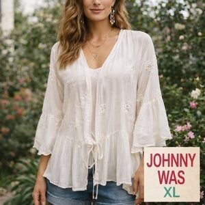 Johnny Was Lance Ruffle Kimono womens XL White Embroidered Eyelet Boho Top New